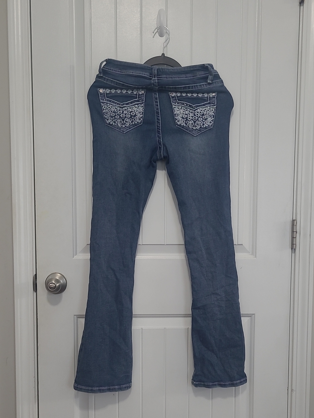 Harper Dark Blue Bootcut Jeans with White Embroidered Back Pockets